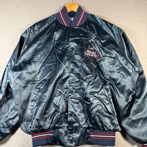 Vintage Lee Bud Light Bomber Jacket Satin Blue Mens XL Snap Button Official 90's
